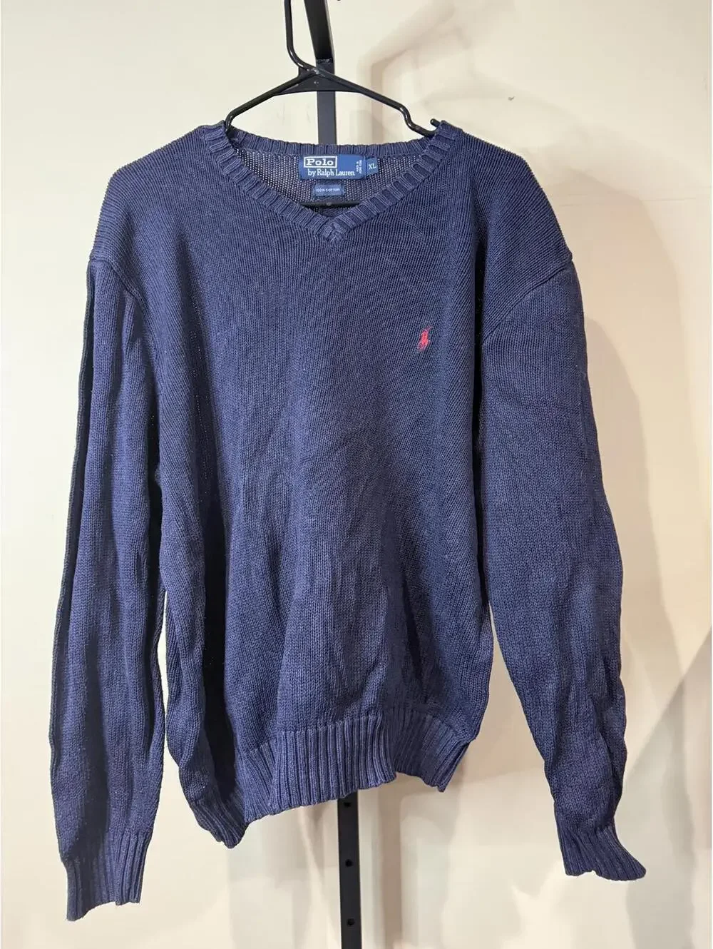 Polo Ralph Lauren Navy Blue V-Neck Sweater with Red Logo XL